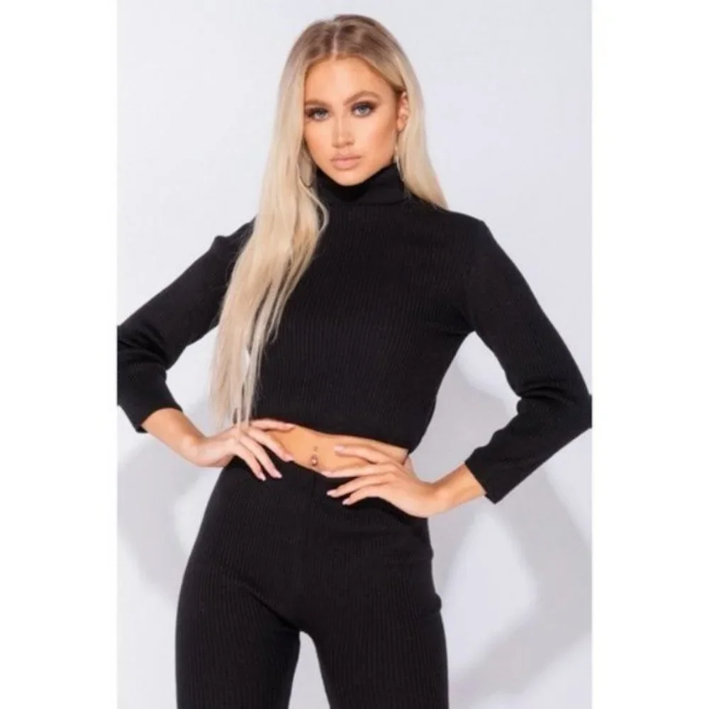 Black Knitted Long Sleeve Turtle Neck Crop Top and Pants Two Piece Set - Picture 9 of 15